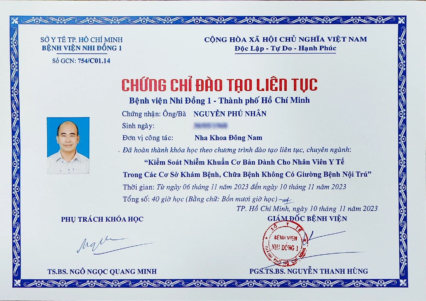 Chứng chỉ Kiểm soát nhiễm khuẩn