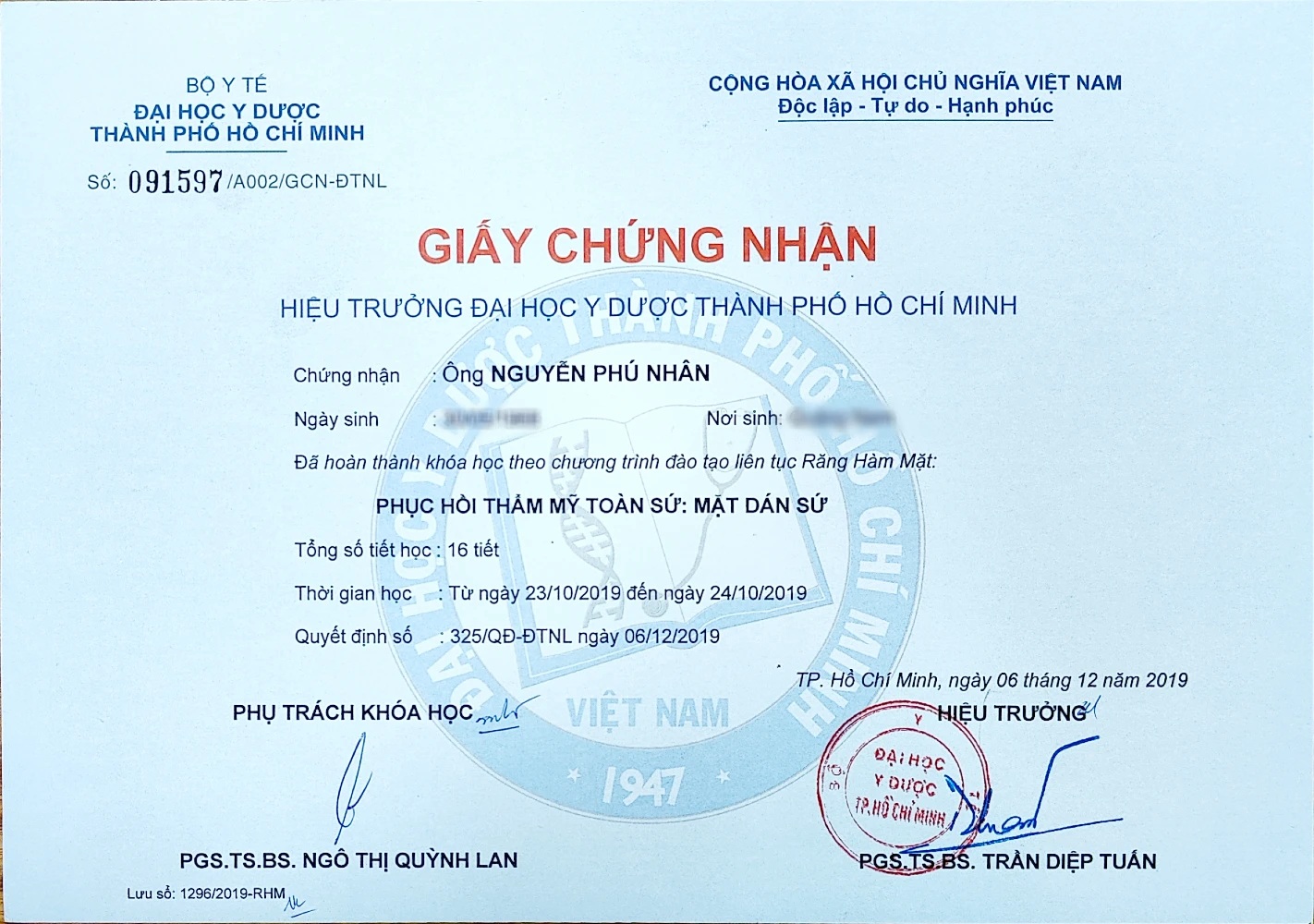 Chứng chỉ Phục hồi thẩm mỹ mặt dán sứ