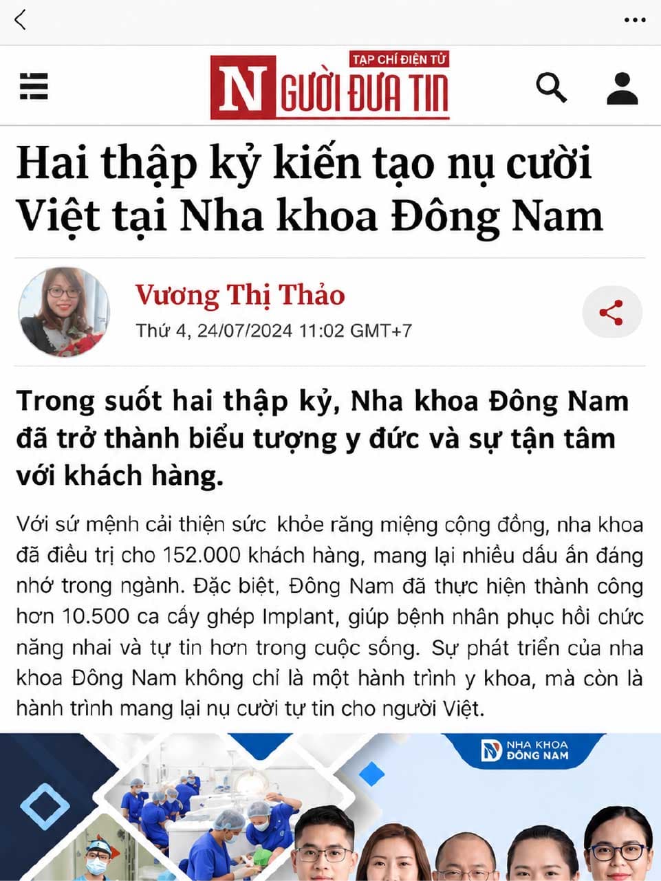 Bài viết về Nha Khoa Đông Nam trên báo Người Đưa Tin