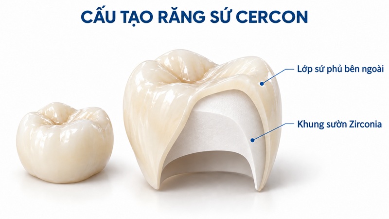cấu tạo gồm lớp sườn zirconia chịu lực bên trong và lớp sứ phủ thẩm mỹ bên ngoài
