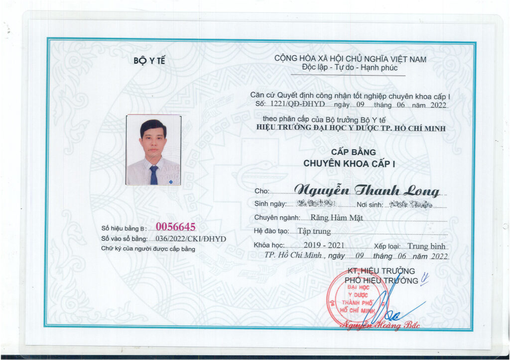 Bằng Chuyên khoa I Răng Hàm Mặt