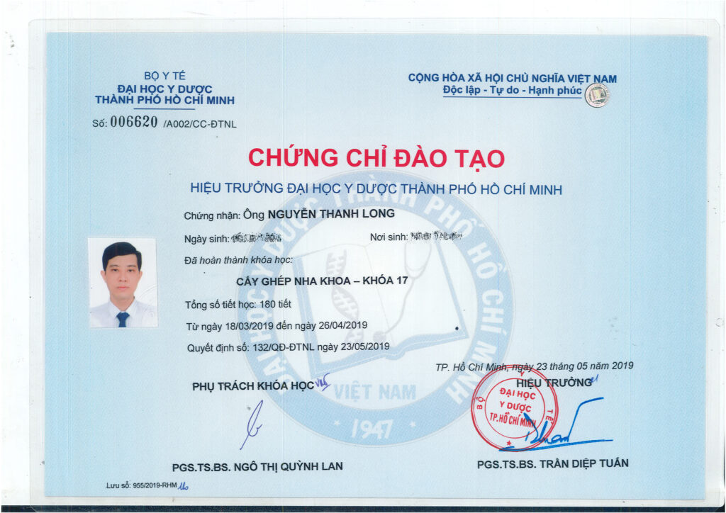 Chứng chỉ Cấy ghép nha khoa Khóa 17
